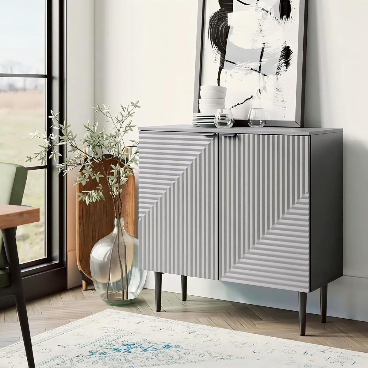 White Geometric Fluted Sideboard Cabinet | Modern Storage Furnitell