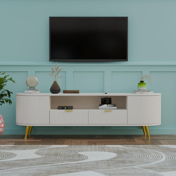 White Fluted TV Unit with Storage | Modern TV Stand furnitell