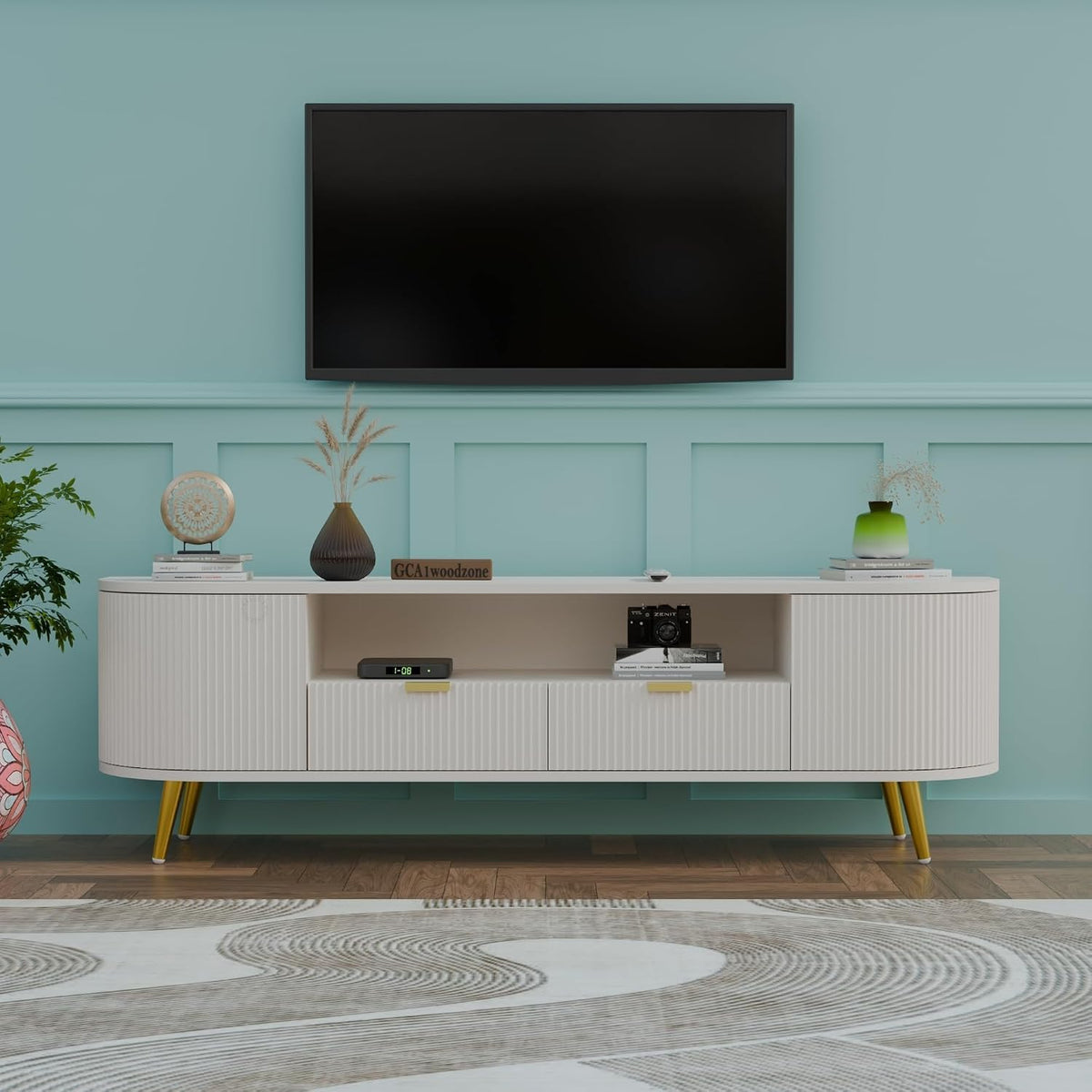 White Fluted TV Unit with Storage | Modern TV Stand furnitell