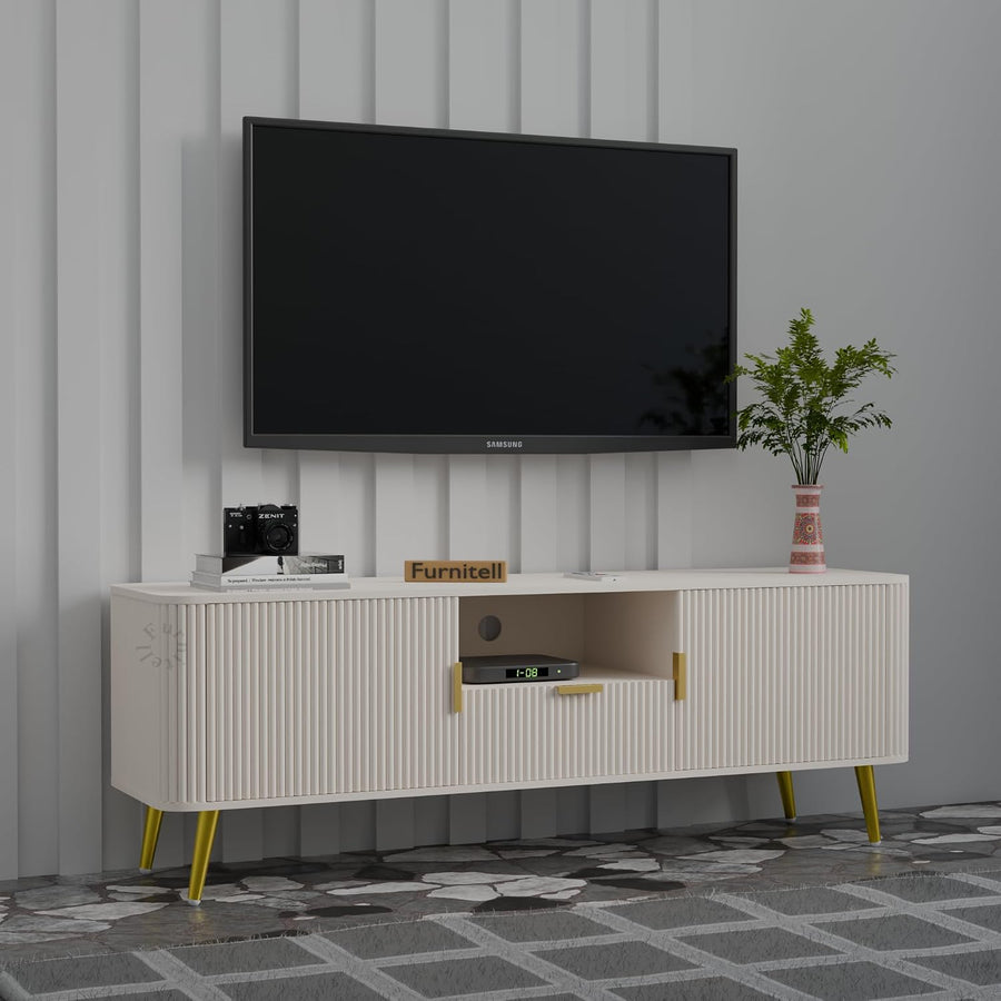 White Fluted TV Unit with Storage | Modern Design furnitell