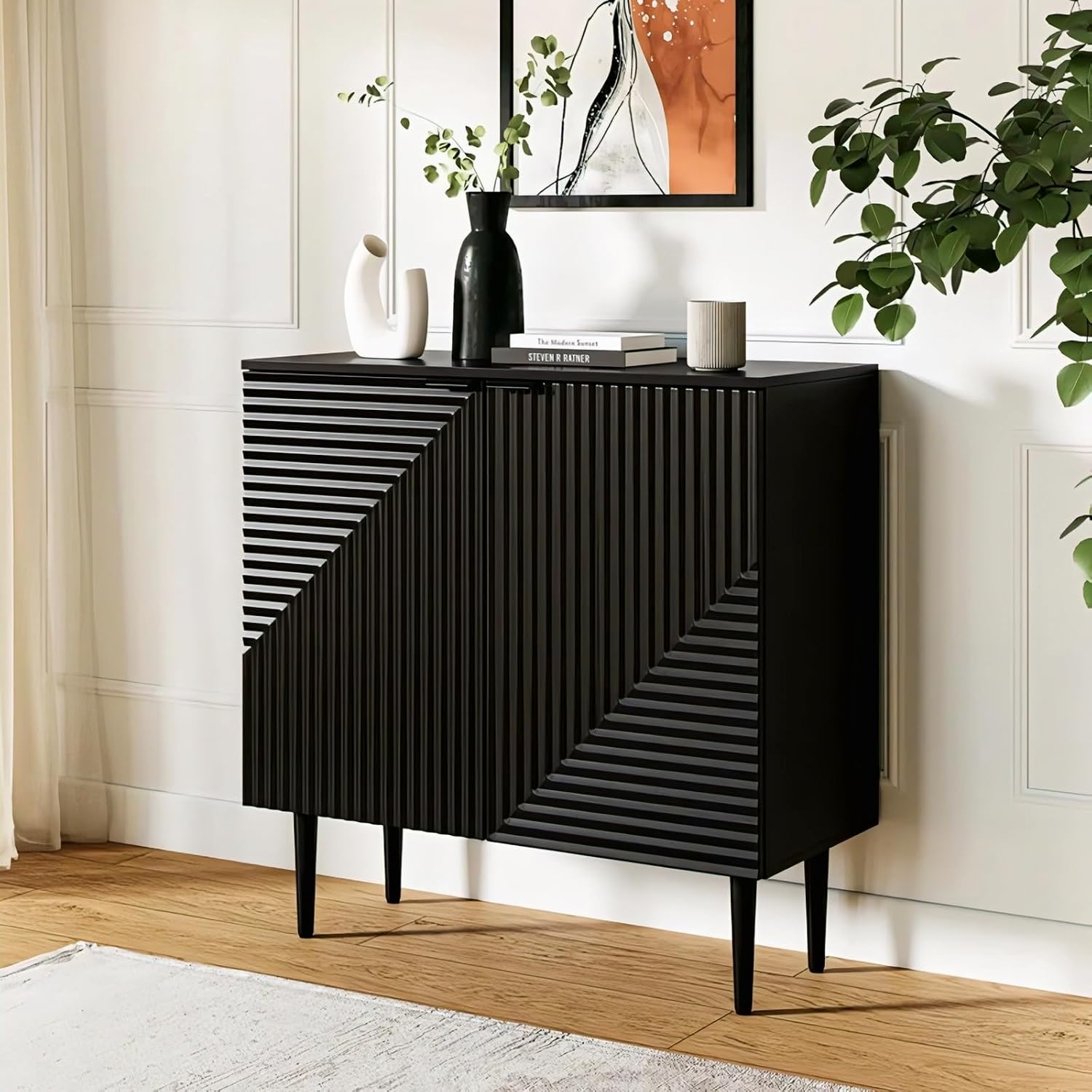 Black Geometric Fluted Sideboard Cabinet | Modern Storage furnitell