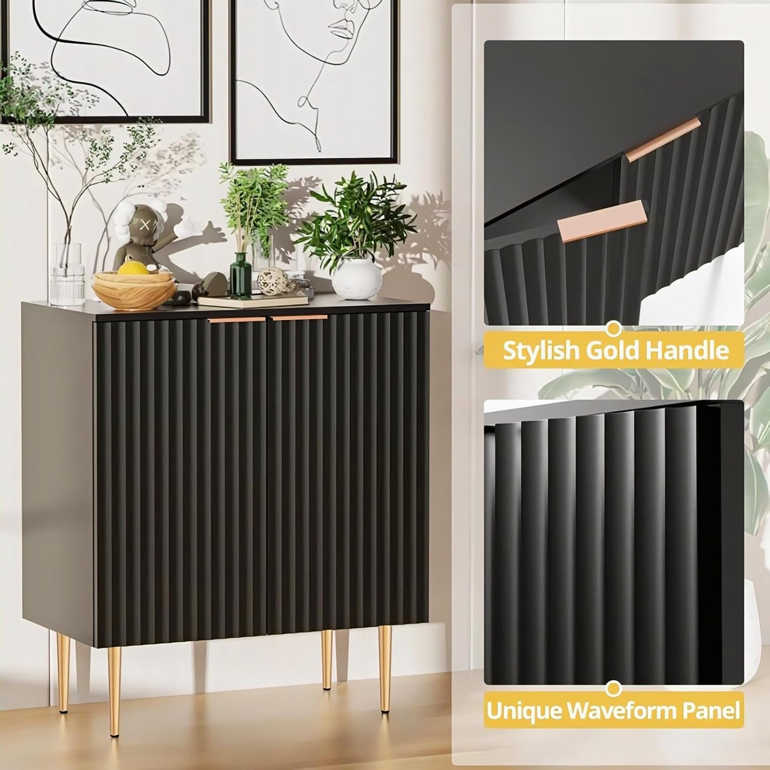 Black Fluted Sideboard Cabinet | Modern Storage Furnitell