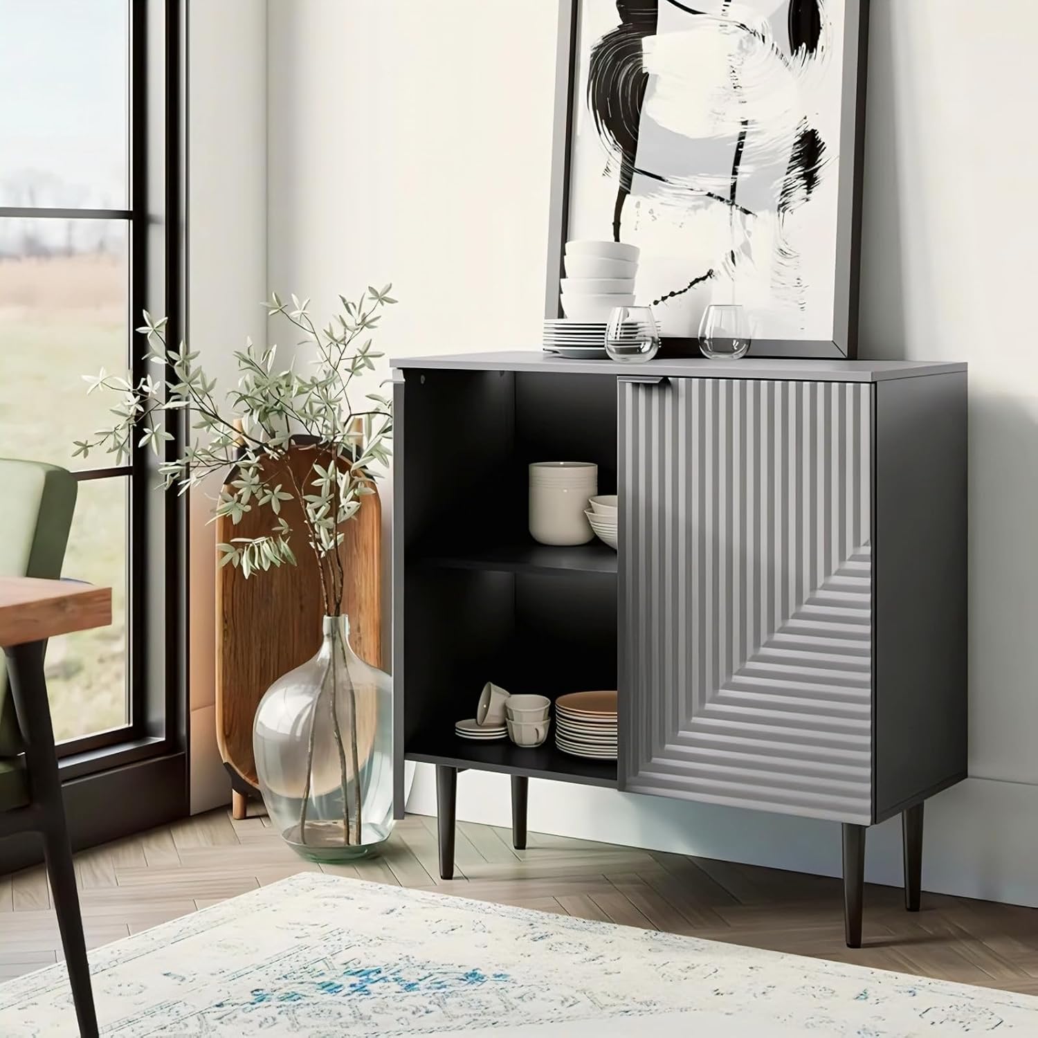 White Geometric Fluted Sideboard Cabinet | Modern Storage Furnitell