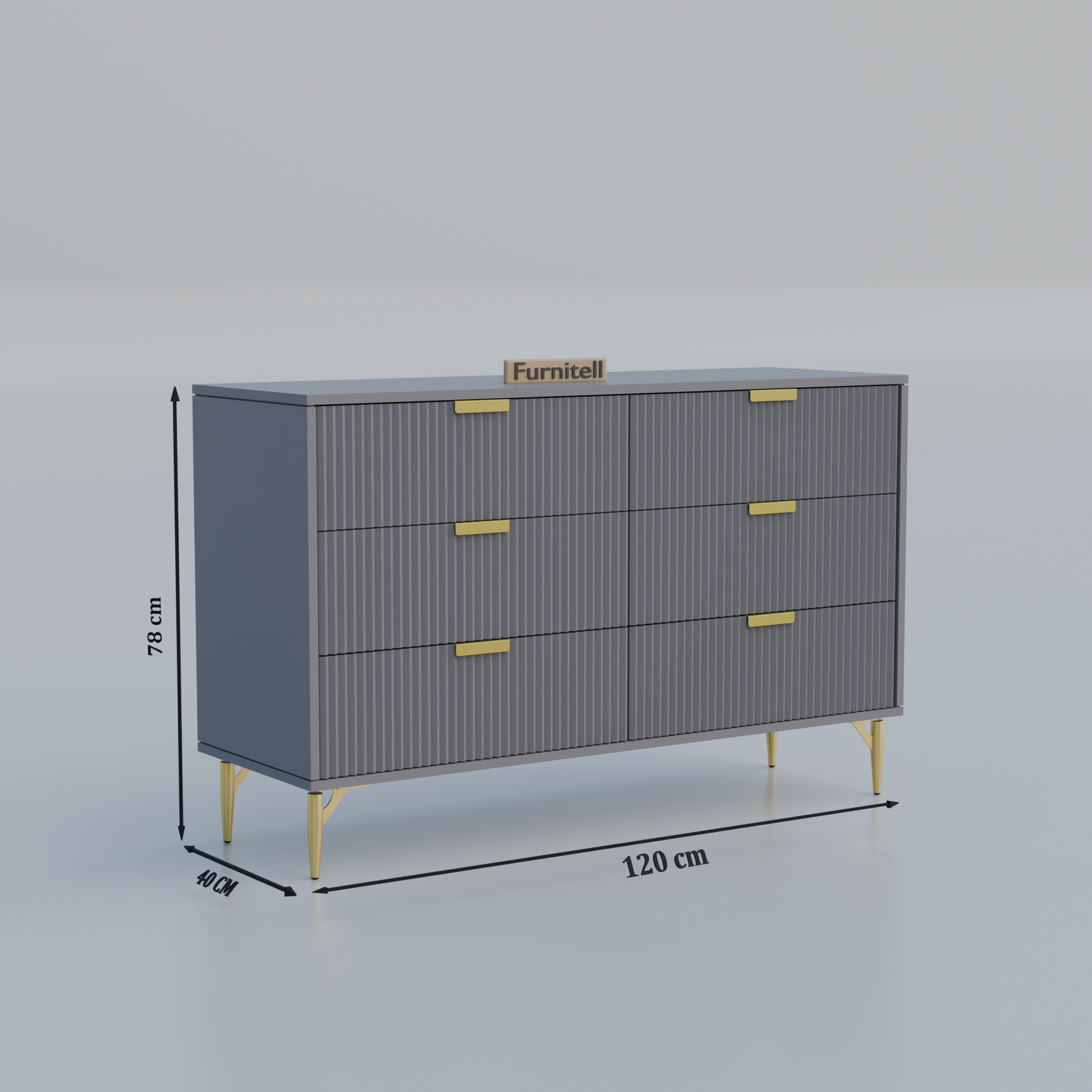 Fluted 6-Drawer Dresser – Sleek Gray & Gold Furnitell