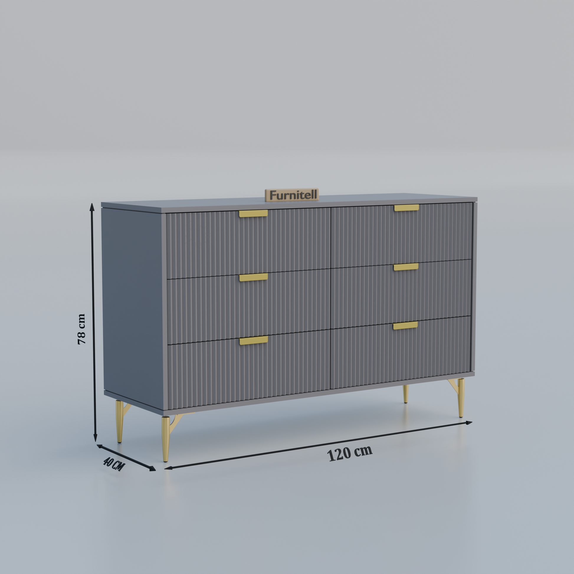 Fluted 6-Drawer Dresser – Sleek Gray & Gold Furnitell