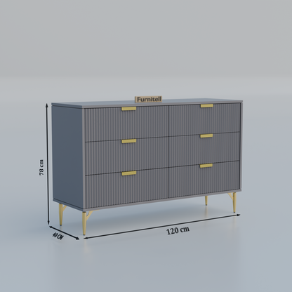 Fluted 6-Drawer Dresser – Sleek Gray & Gold Furnitell