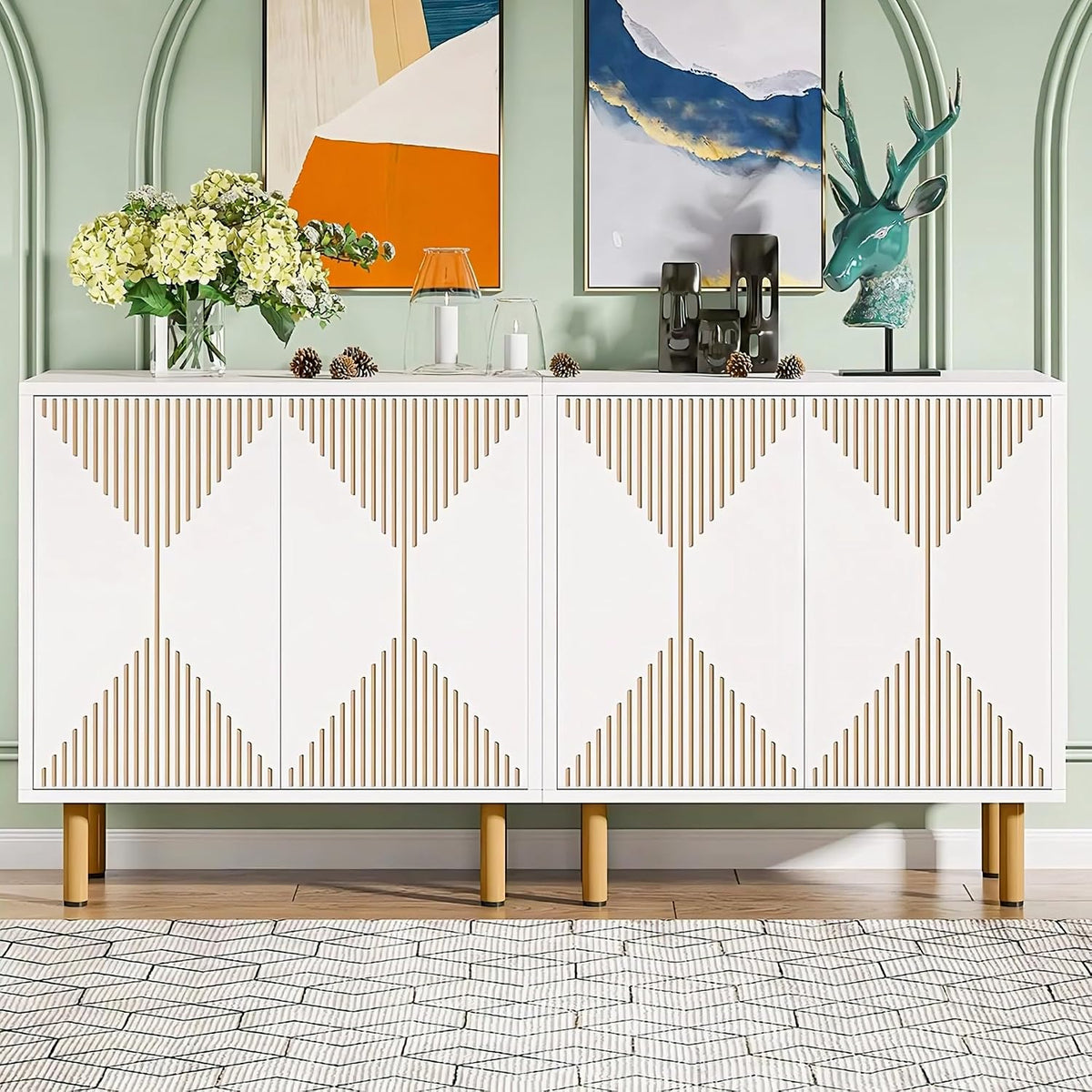 White Geometric Slatted Sideboard Cabinet | Modern Storage Furnitell