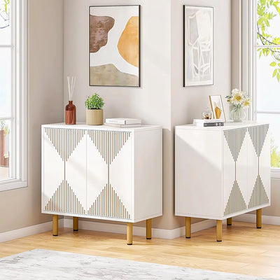 White Geometric Slatted Sideboard Cabinet | Modern Storage Furnitell