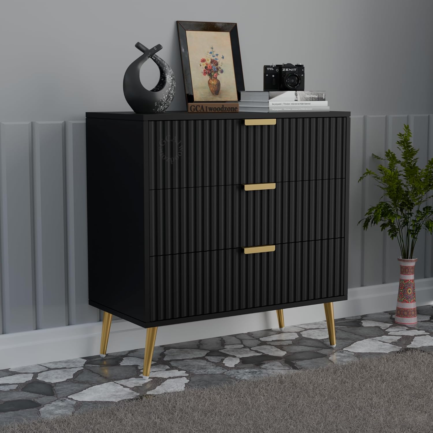 Black Fluted 3-Drawer Storage Cabinet | Modern Design furnitell