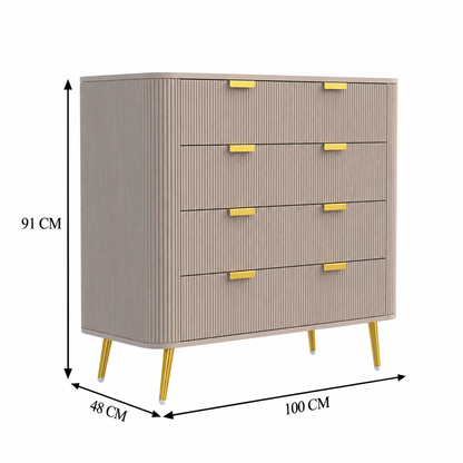 Modern 4 Drawer Dresser with Fluted Design & Gold Legs Furnitell