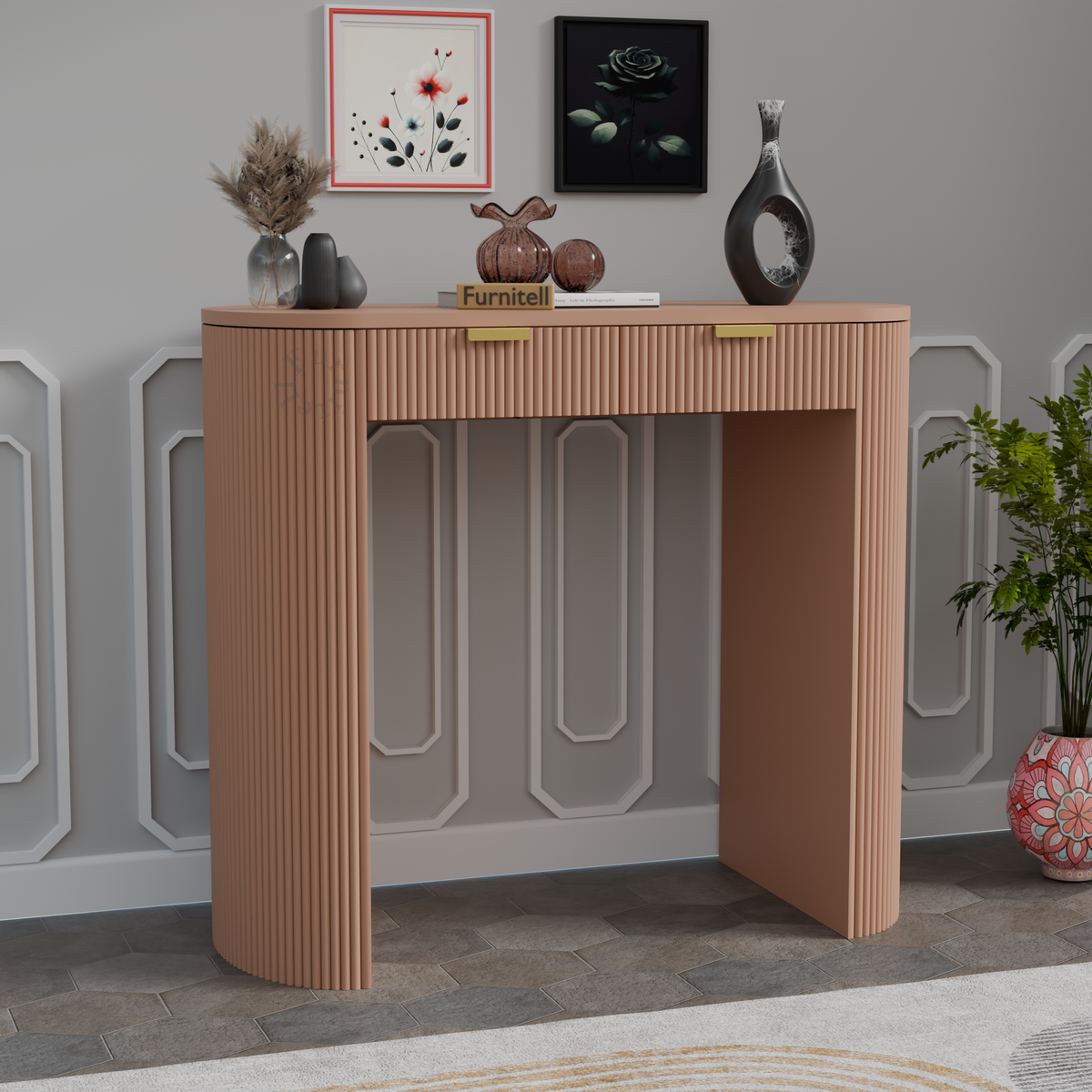 Furnitell Modern Fluted Console Table for Living Room | 5 Year Warranty