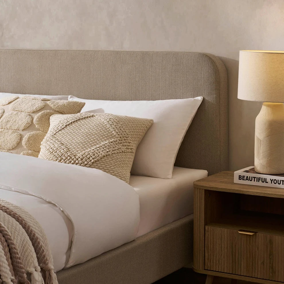 Stone Grey Upholstered Bed with Rounded Headboard Furnitell