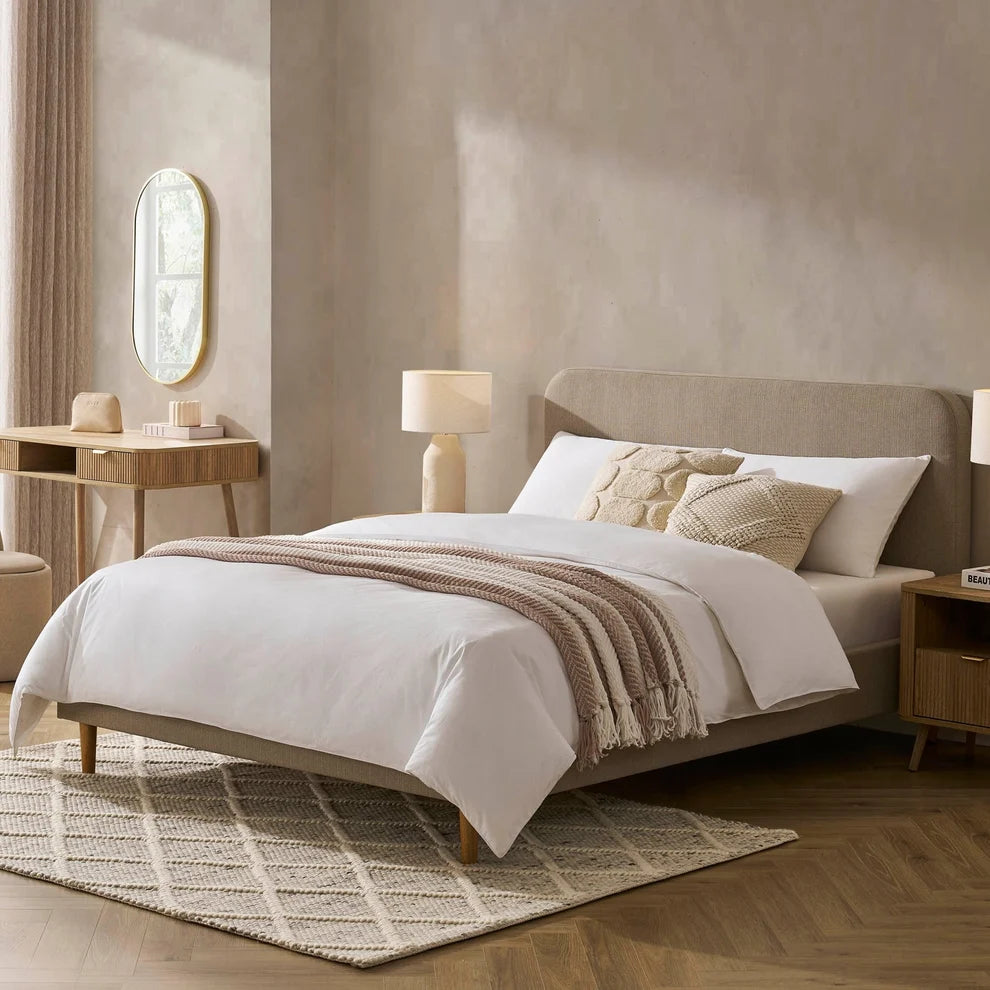 Stone Grey Upholstered Bed with Rounded Headboard Furnitell