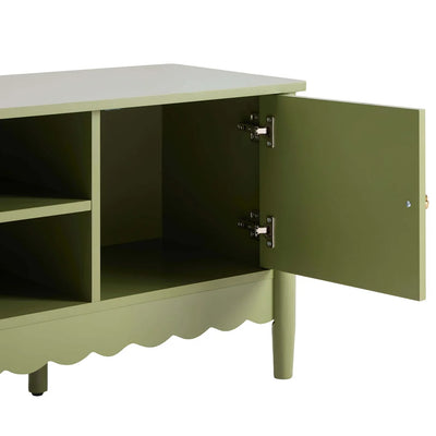 Olive Green Wooden TV Unit with 2 Doors, Open Shelves & Scalloped Base Furnitell