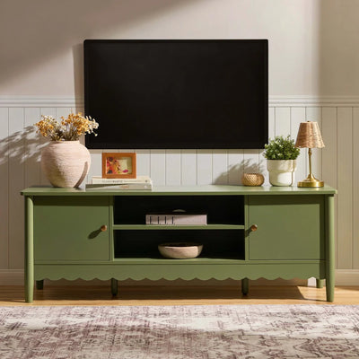 Olive Green Wooden TV Unit with 2 Doors, Open Shelves & Scalloped Base Furnitell