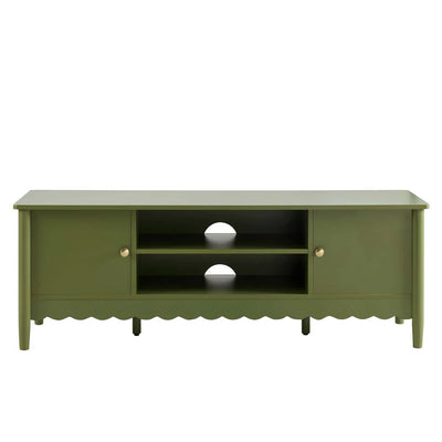 Olive Green Wooden TV Unit with 2 Doors, Open Shelves & Scalloped Base Furnitell