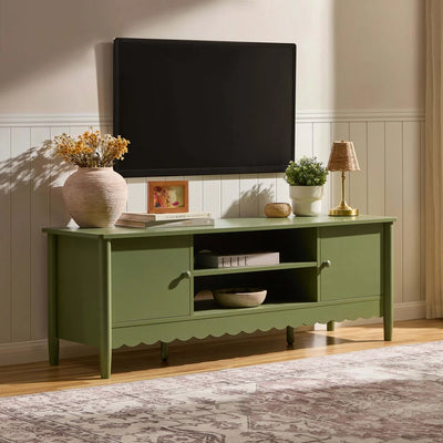 Olive Green Wooden TV Unit with 2 Doors, Open Shelves & Scalloped Base Furnitell