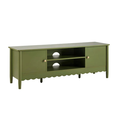 Olive Green Wooden TV Unit with 2 Doors, Open Shelves & Scalloped Base Furnitell