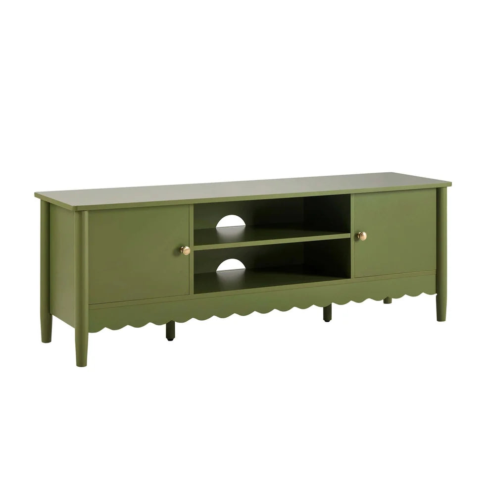 Olive Green Wooden TV Unit with 2 Doors, Open Shelves & Scalloped Base Furnitell
