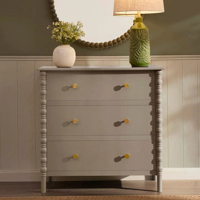 Taupe 3 Drawer Chest with Decorative Beaded Sides & Gold Knobs Furnitell