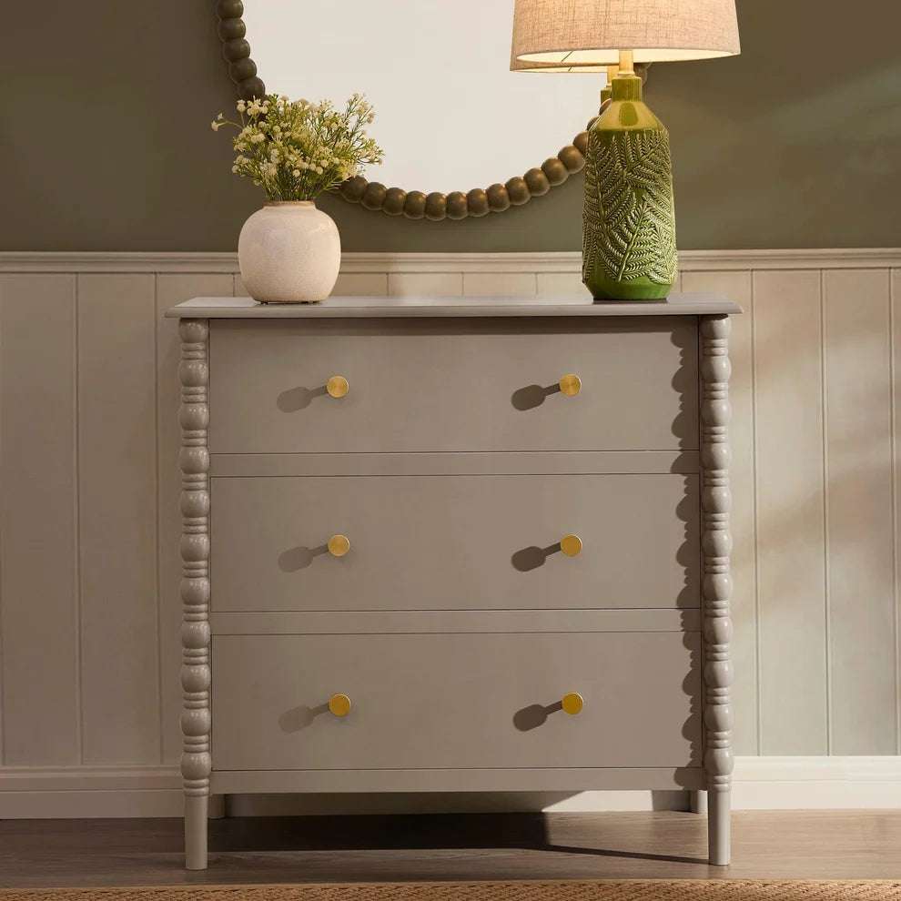 Taupe 3 Drawer Chest with Decorative Beaded Sides & Gold Knobs Furnitell