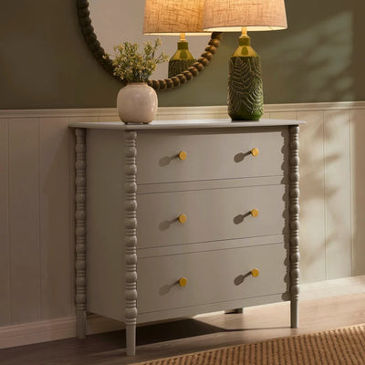 Taupe 3 Drawer Chest with Decorative Beaded Sides & Gold Knobs Furnitell