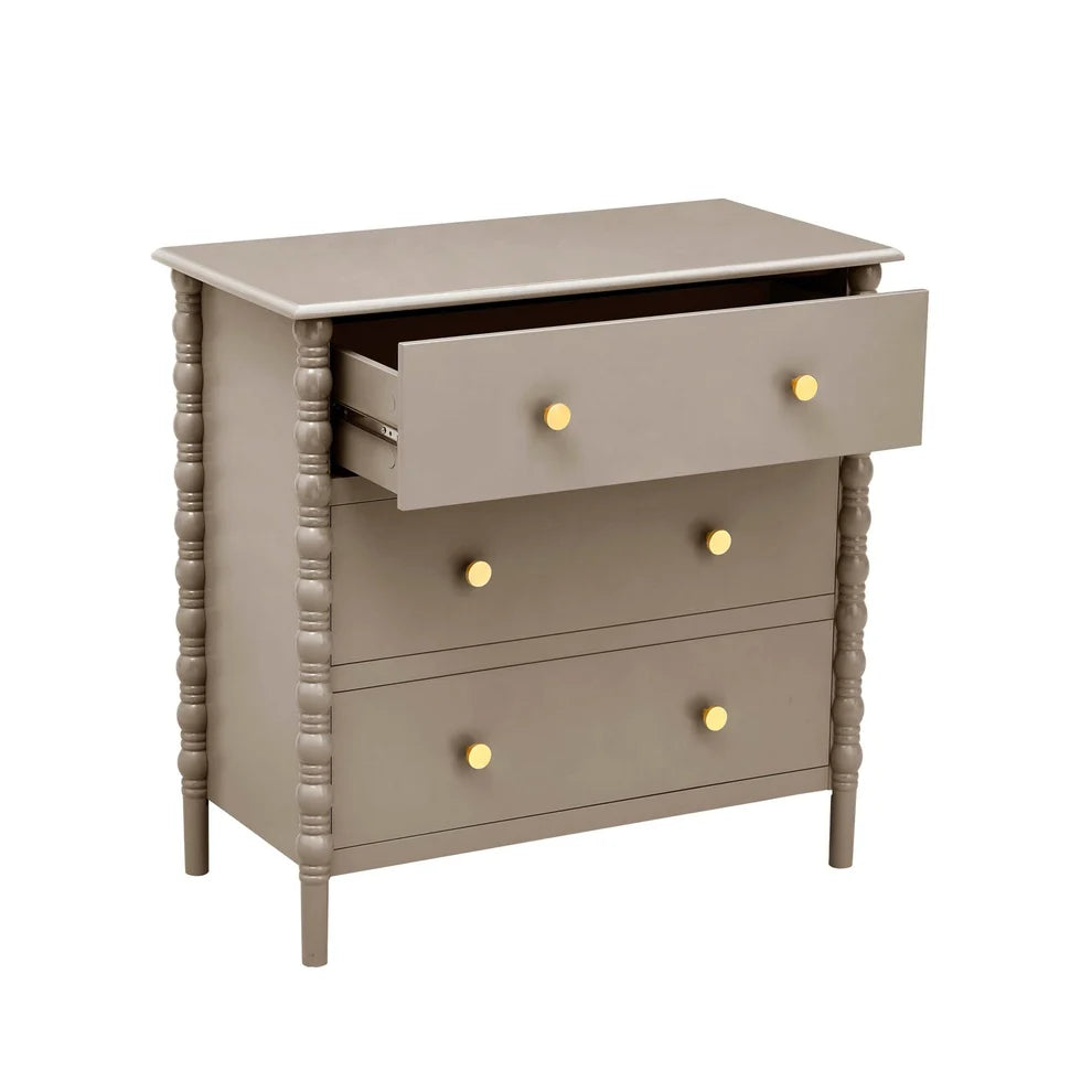 Taupe 3 Drawer Chest with Decorative Beaded Sides & Gold Knobs Furnitell