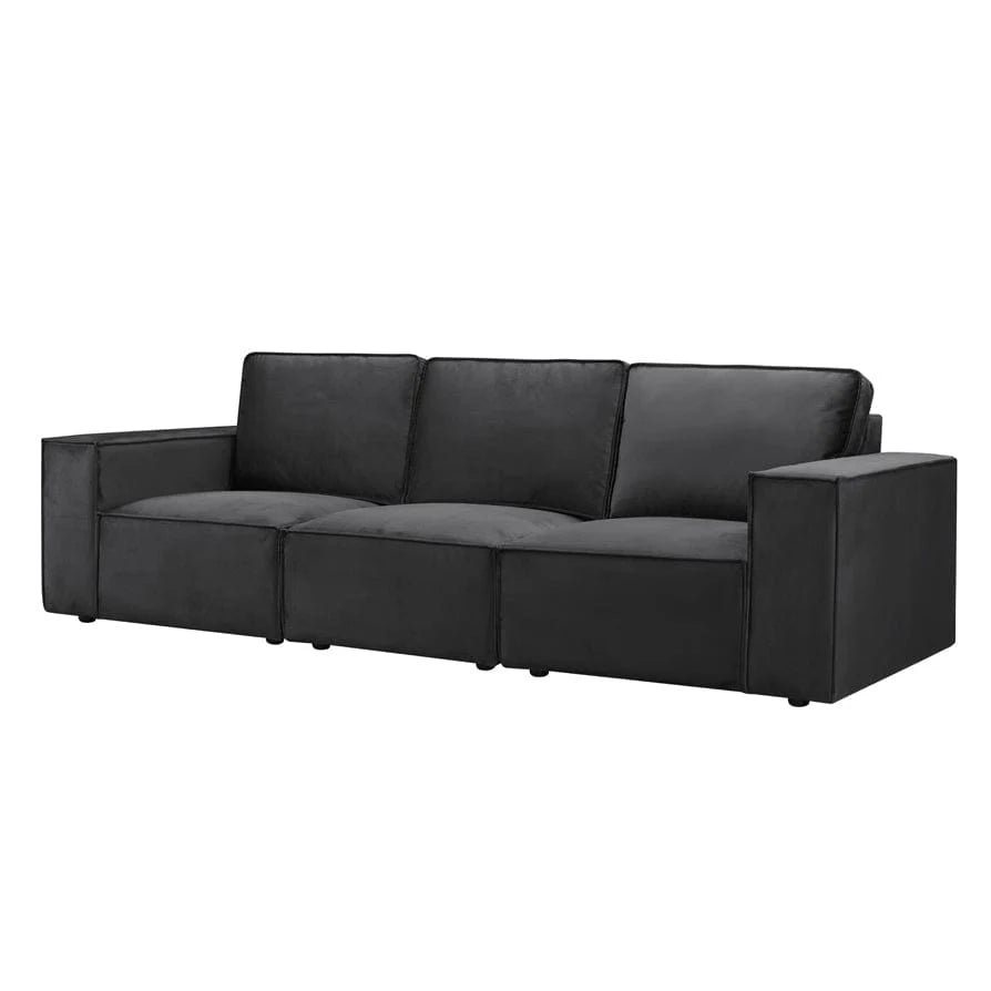 Black 3 Seater Sofa with Plush Cushions & Wide Armrests Furnitell