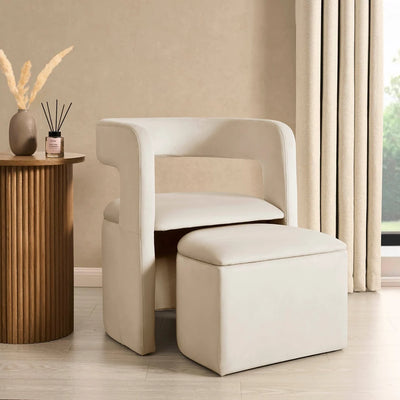 Ecru Accent Chair with Curved Back & Matching Ottoman furnitell