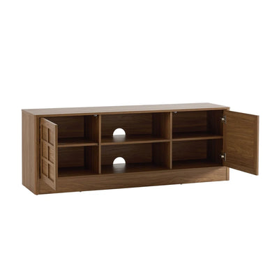 Medium Wood TV Unit with 2 Grid-Panel Doors & Open Shelves furnitell