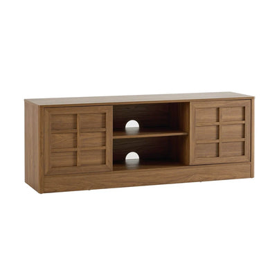 Medium Wood TV Unit with 2 Grid-Panel Doors & Open Shelves furnitell