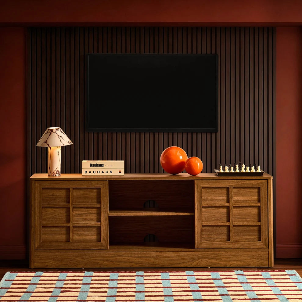 Medium Wood TV Unit with 2 Grid-Panel Doors & Open Shelves furnitell