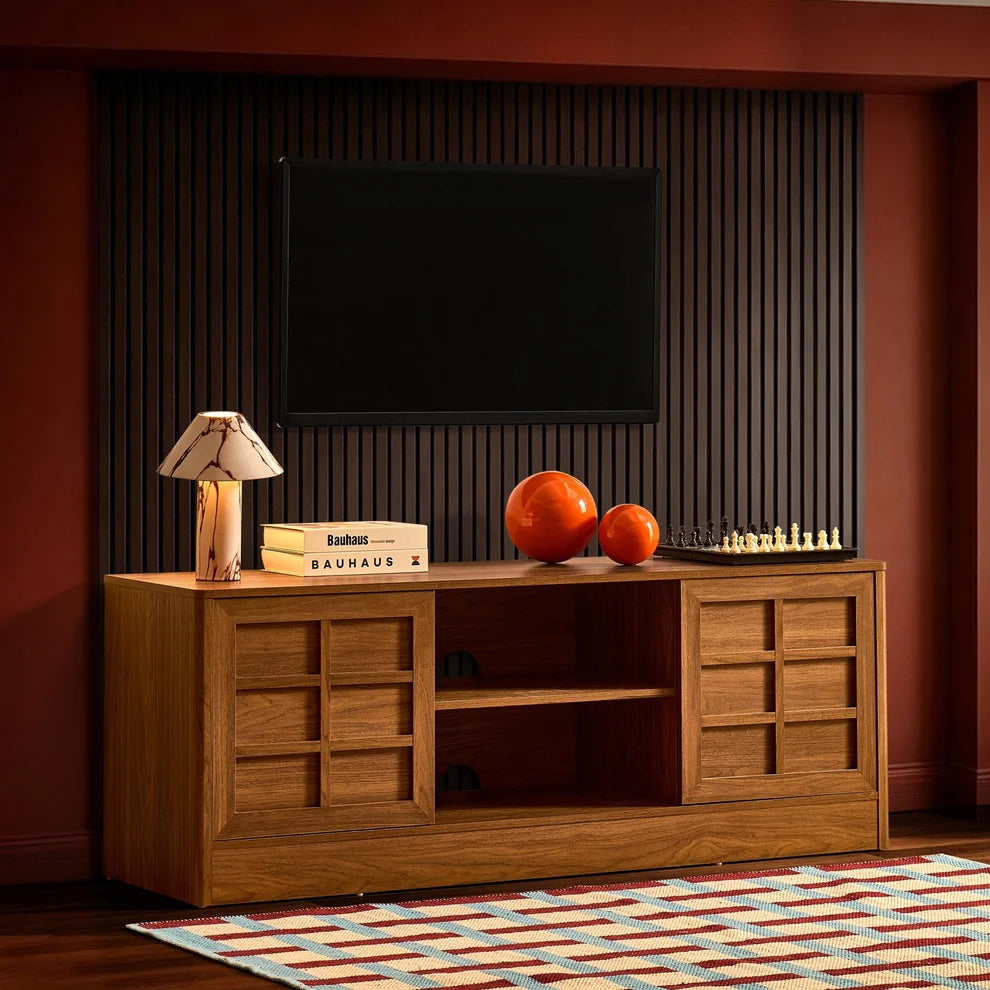 Medium Wood TV Unit with 2 Grid-Panel Doors & Open Shelves furnitell