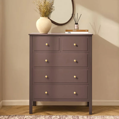 Mocha 5 Drawer Chest with Gold Knobs & Raised Legs Furnitell