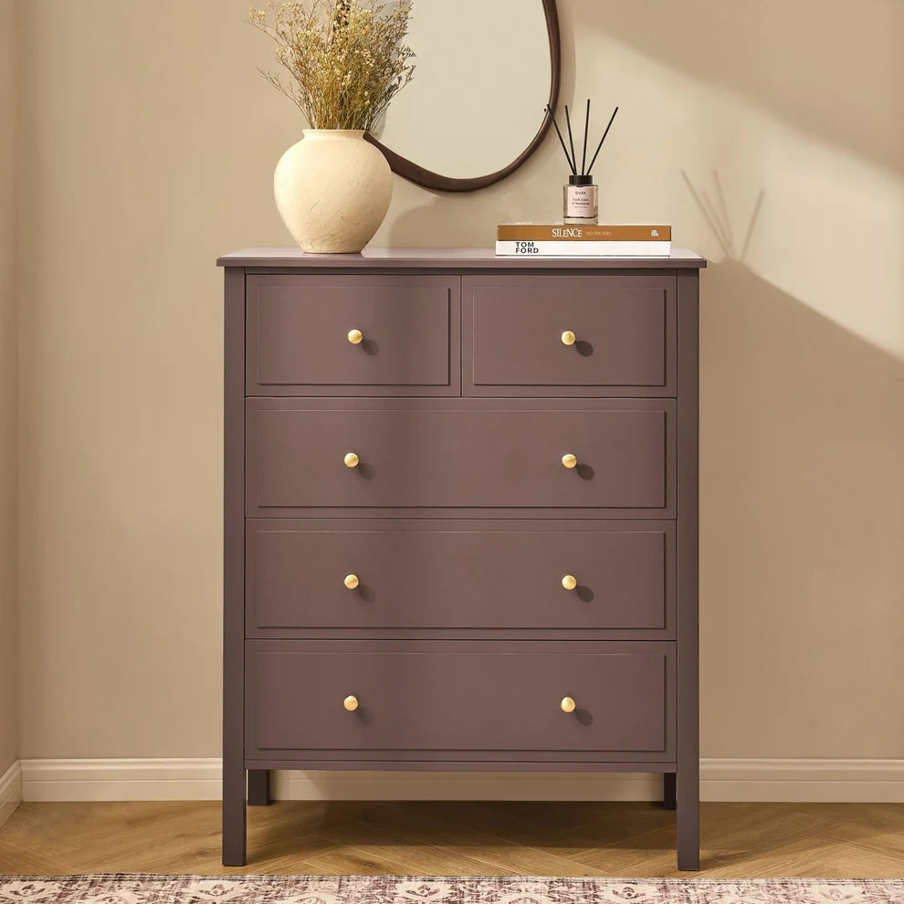 Mocha 5 Drawer Chest with Gold Knobs & Raised Legs Furnitell
