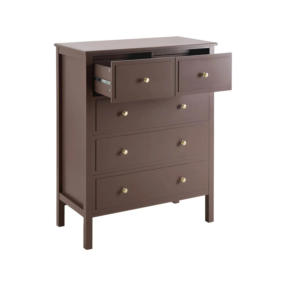 Mocha 5 Drawer Chest with Gold Knobs & Raised Legs Furnitell