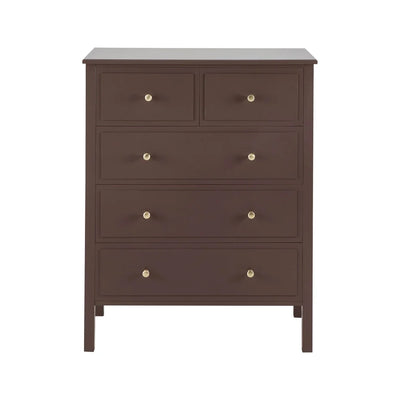 Mocha 5 Drawer Chest with Gold Knobs & Raised Legs Furnitell
