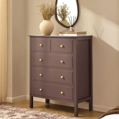 Mocha 5 Drawer Chest with Gold Knobs & Raised Legs Furnitell