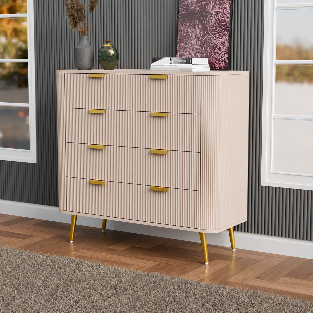 Modern 4 Drawer Dresser with Fluted Design & Gold Legs Furnitell