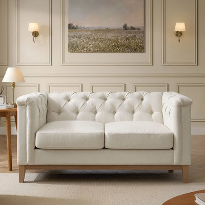 Cream 2 Seater Sofa with Tufted Back & Wooden Frame Furnitell