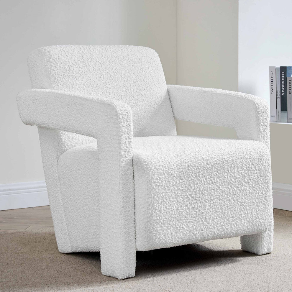 Off-White Boucle Accent Chair with Wide Arms & Cushioned Seat furnitell