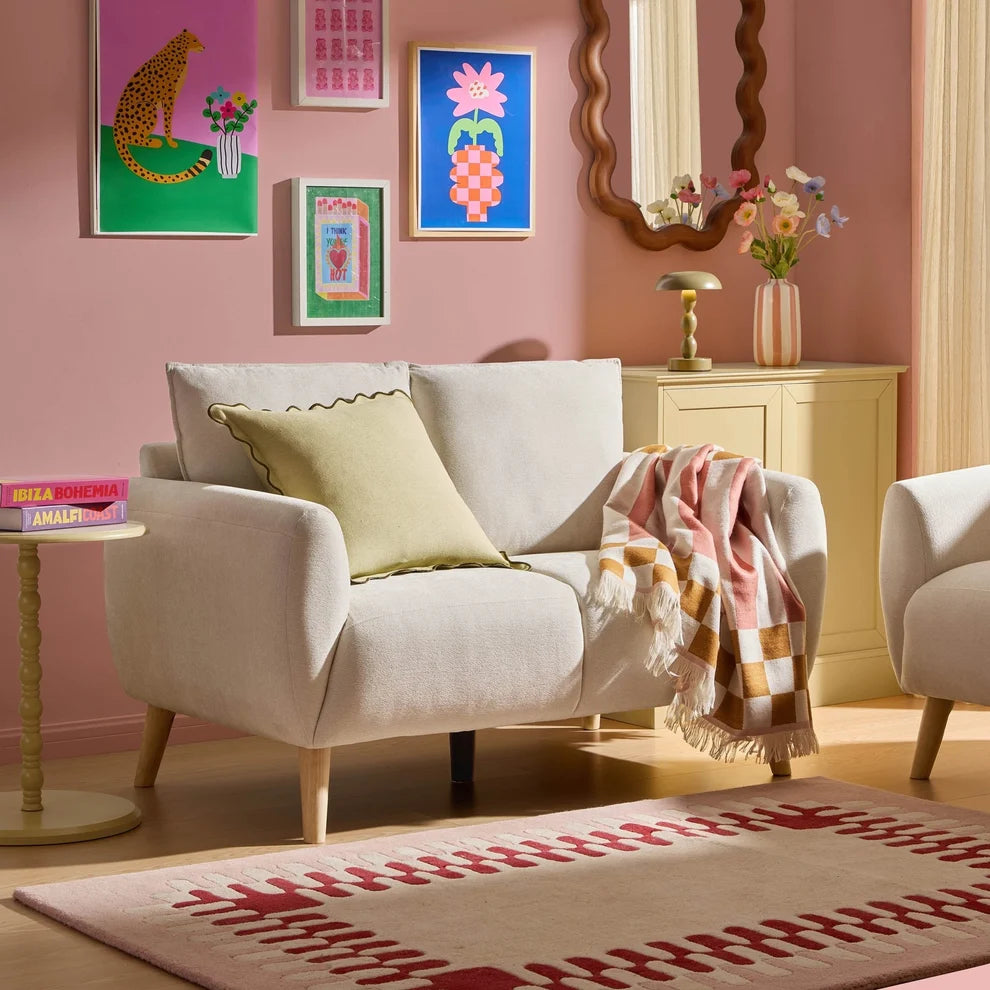 Ivory 2 Seater Sofa with Plush Cushions & Wooden Legs furnitell