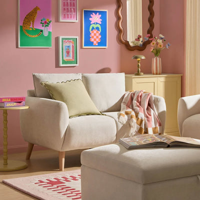 Ivory 2 Seater Sofa with Plush Cushions & Wooden Legs furnitell