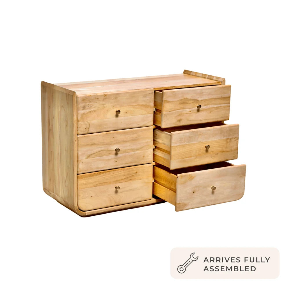 Light Wood 6 Drawer Chest with Natural Wood Grain & Rounded Edges Furnitell