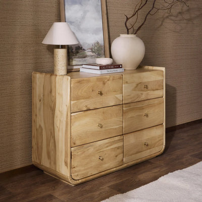 Light Wood 6 Drawer Chest with Natural Wood Grain & Rounded Edges Furnitell