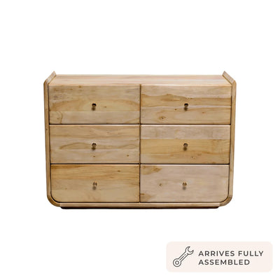 Light Wood 6 Drawer Chest with Natural Wood Grain & Rounded Edges Furnitell