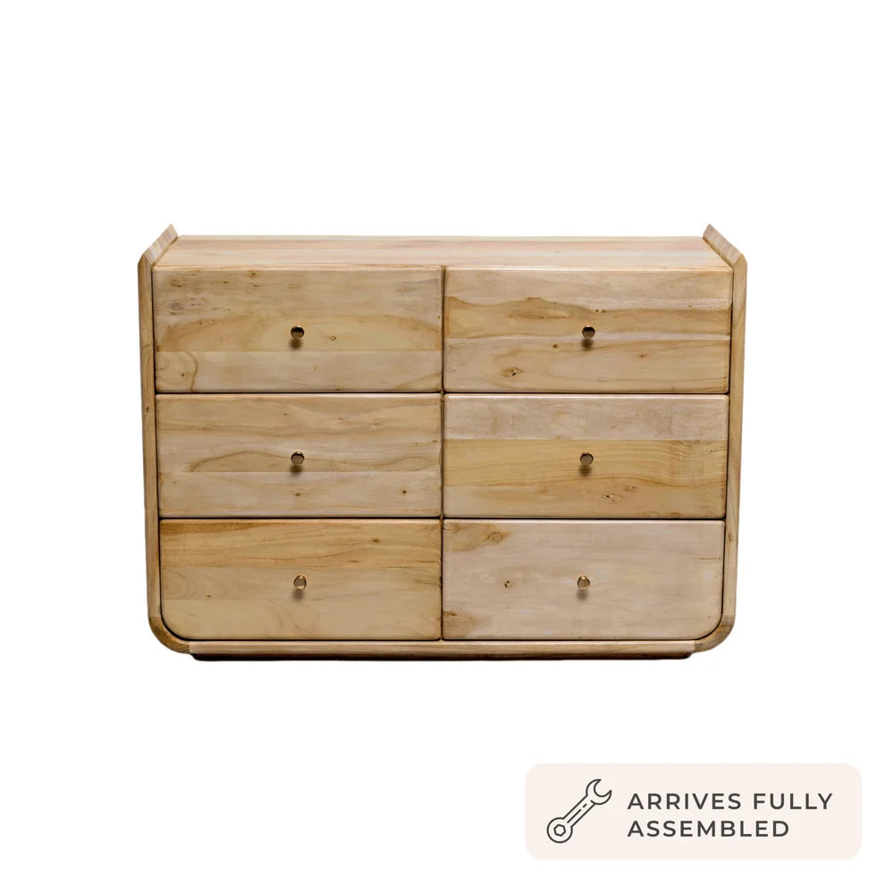 Light Wood 6 Drawer Chest with Natural Wood Grain & Rounded Edges Furnitell