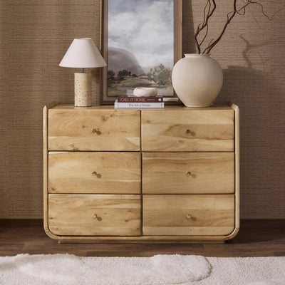 Light Wood 6 Drawer Chest with Natural Wood Grain & Rounded Edges Furnitell
