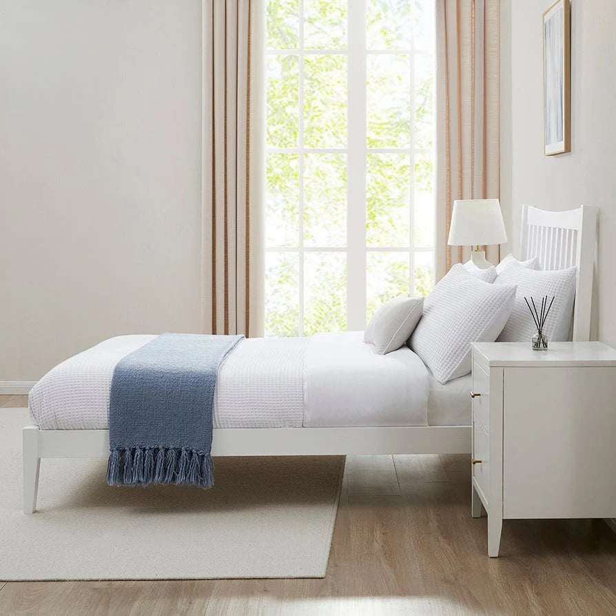 White Wooden Bed with Slatted Headboard furnitell