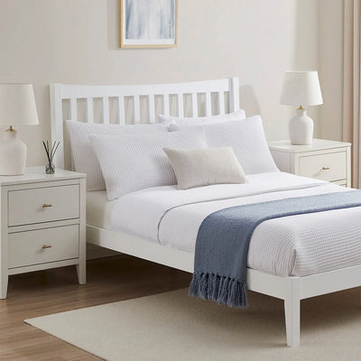 White Wooden Bed with Slatted Headboard furnitell